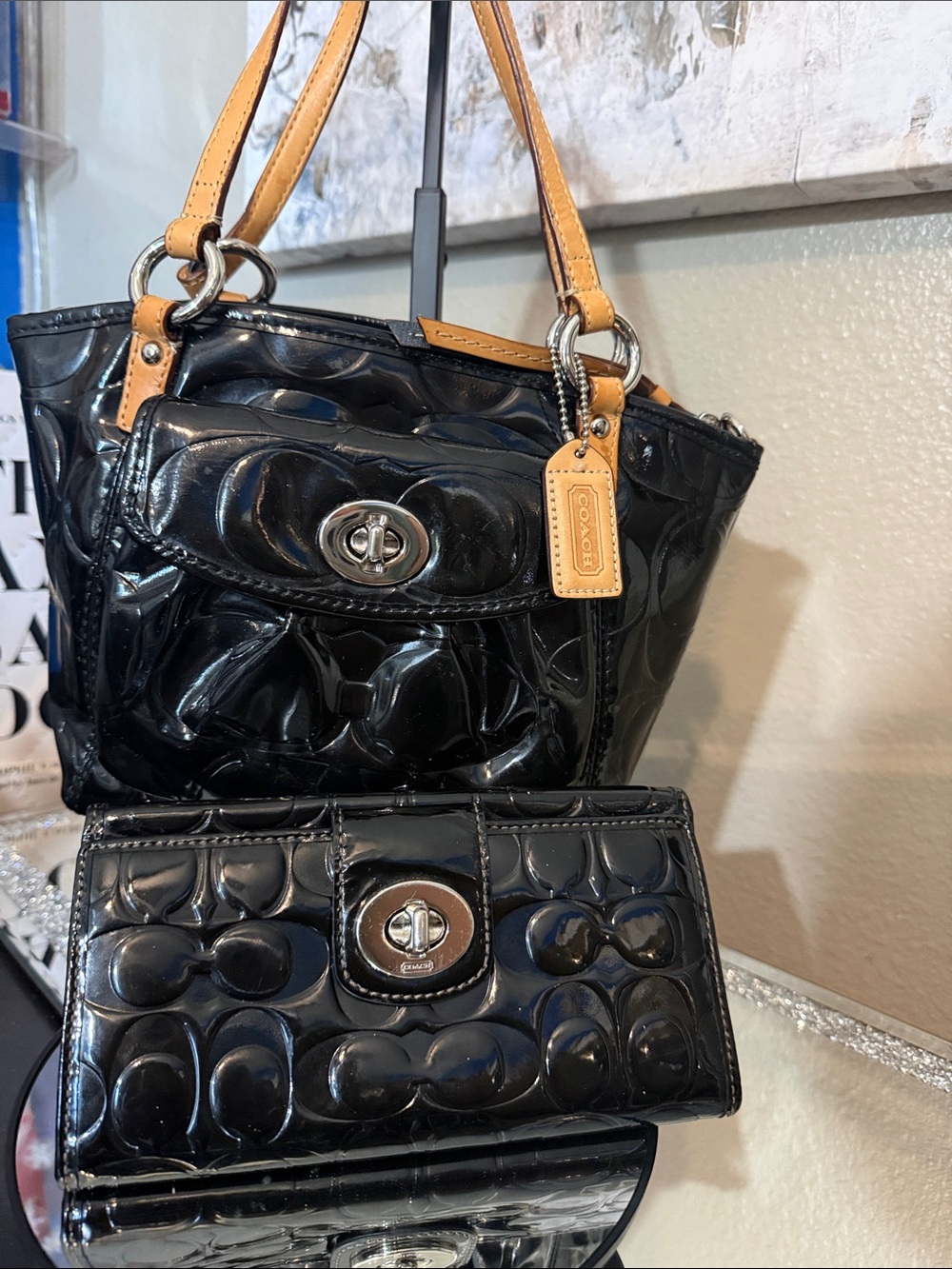 Coach Black Patent Leather Shoulder Bag with matching wallet
